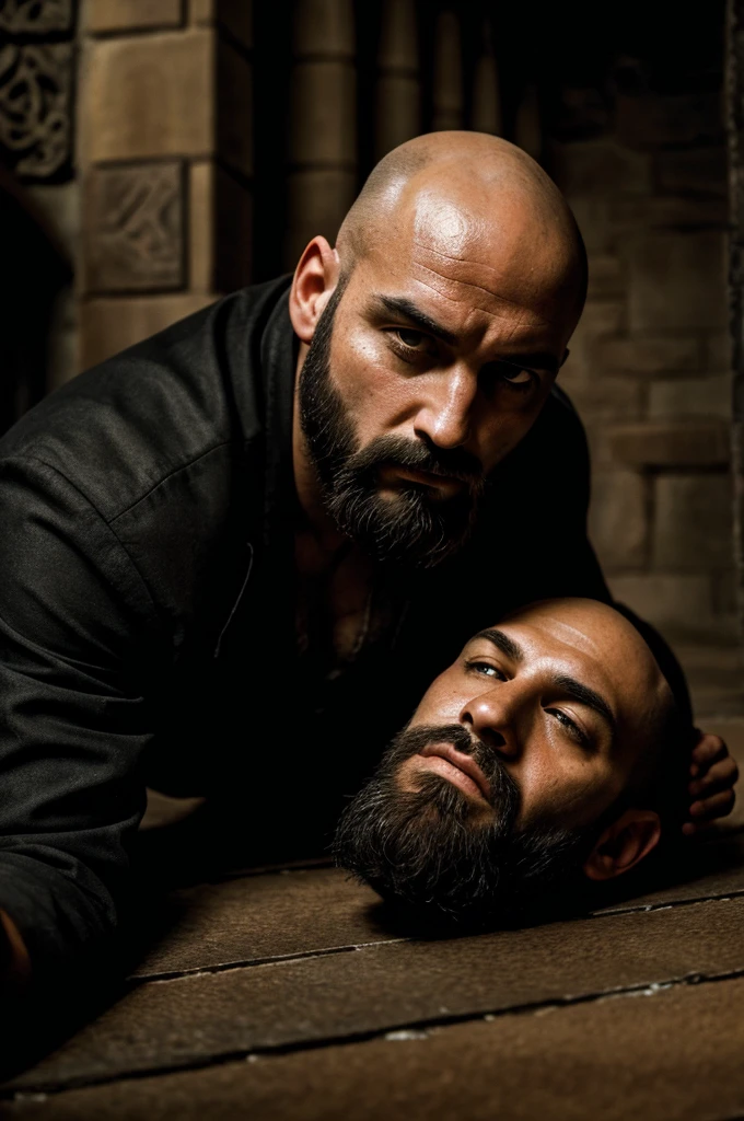 a man, bald head, scruffy black beard, 1865, injured face, unconscious on the floor of a castle, detailed facial features, photorealistic, high resolution, 8k, cinematic lighting, dramatic shadows, realistic textures, gothic architecture, moody atmosph
