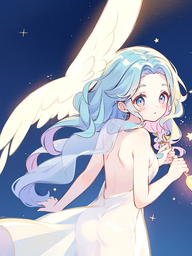 nude angel girl wearing an ethereal translucent dress, pale skin, ((blue mint wavy hair)), white feathers, angel wings coming from her back, sparkling detailed eyes, golden ratio face, perfect composition, highly detailed, ethereal, (starry night sky background), midjourney style