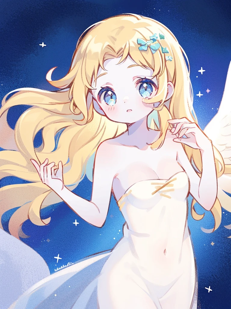 nude angel girl wearing an ethereal translucent dress, pale skin, ((blue mint wavy hair)), white feathers, angel wings, sparkling detailed eyes, golden ratio face, perfect composition, highly detailed, ethereal, (starry night sky background), midjourney style