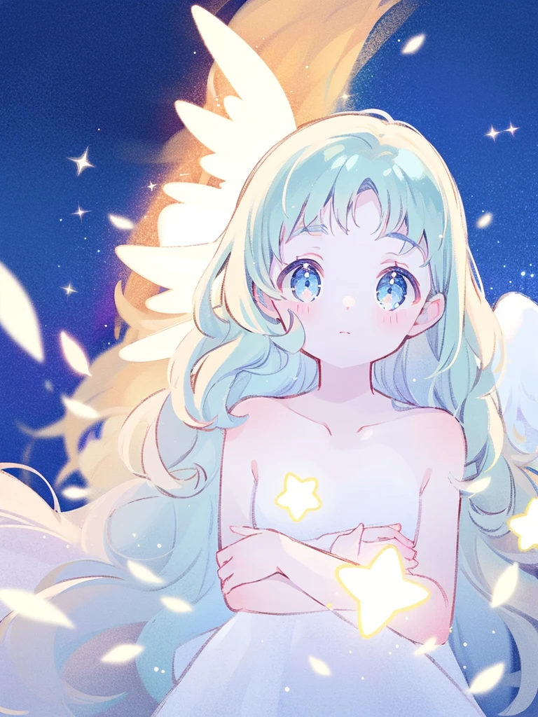 nude angel girl wearing an ethereal translucent dress, pale skin, ((blue mint wavy hair)), white feathers, angel wings, sparkling detailed eyes, golden ratio face, perfect composition, highly detailed, ethereal, (starry night sky background), midjourney style