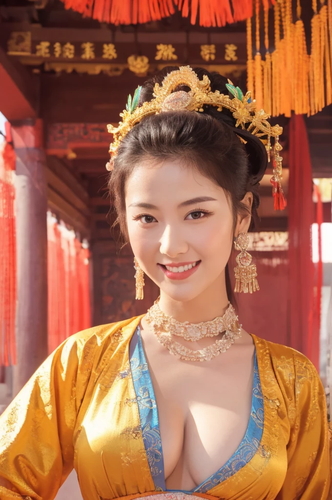 best quality, 8k, very delicate and beautiful, highly detailed face and skin texture, shiny skin, high resolution, huge tits sexy chinese girl in colorfull costume stand and smile in ancient temple, sharp focus