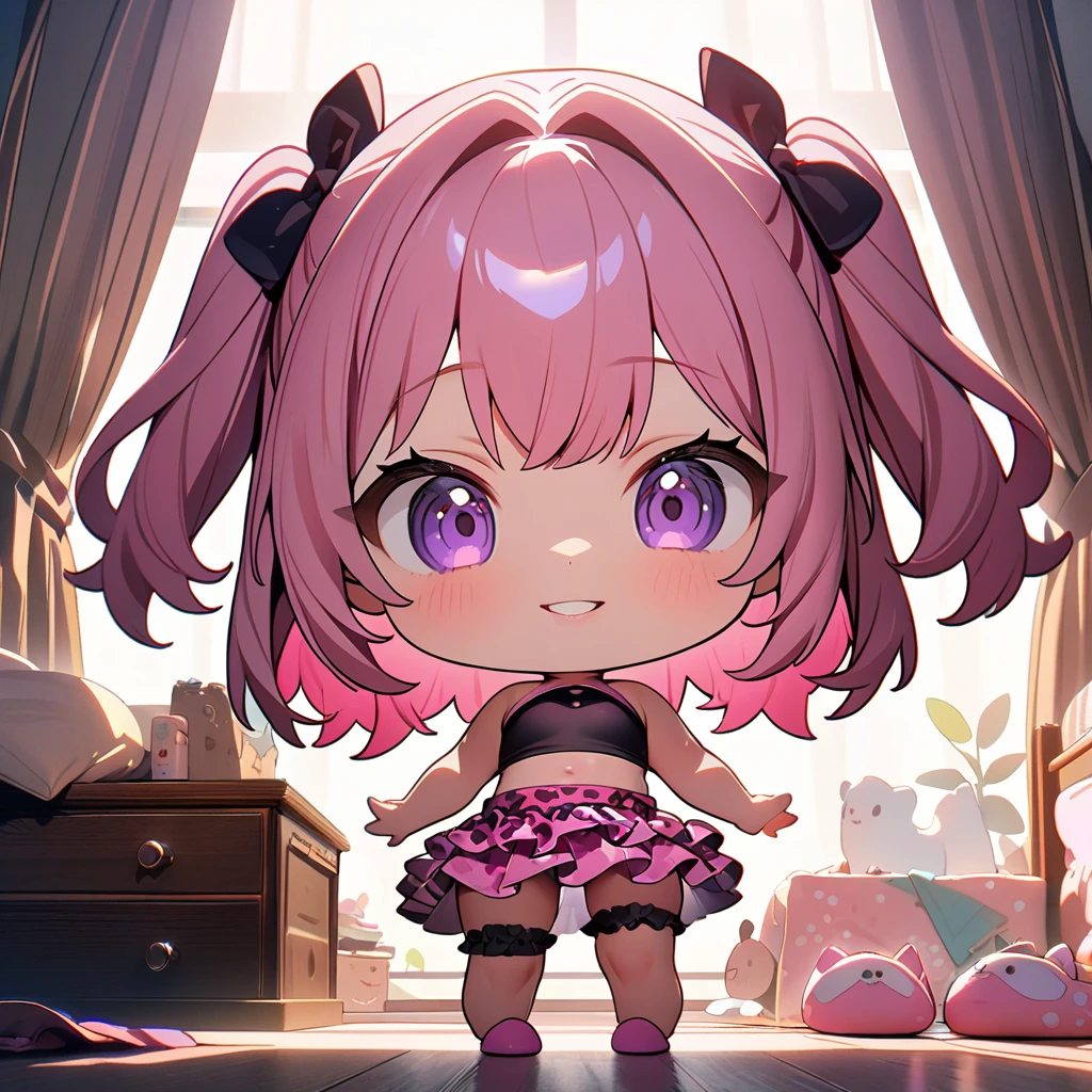 (8K, best quality, master piece: 1.2),super high resolution,1 cute girl,solo,(chibi:1.4),ultra-detailed face,deep detailed eyes,Purple eyes,Mascara,two side up,bubblegum pink hair,halter top,leopard pattern skirt,smile,Bridal garter,parted lips,standing,full body,toe,slippers,look at viewer,rim light,messy children's room