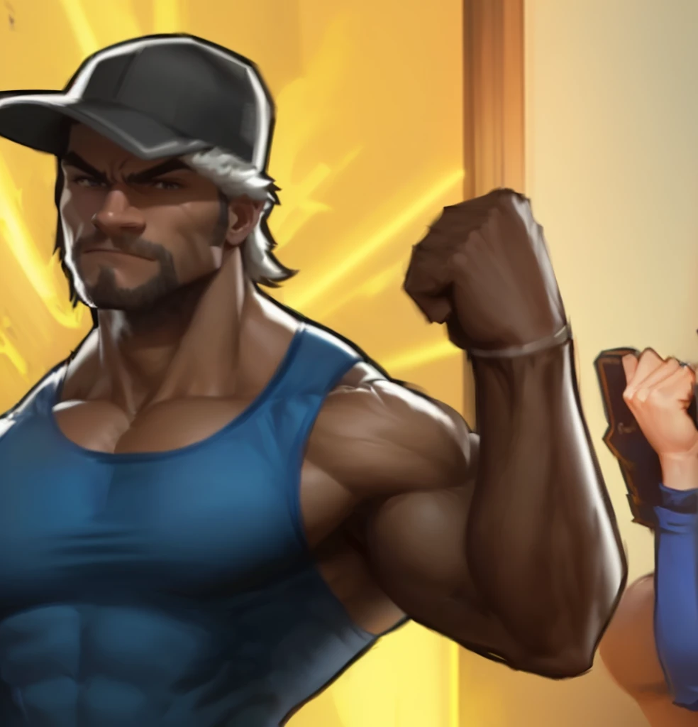 cartoon of a man and woman with arms raised in a fist pose, buff man, very buff, super buff and cool, muscular!, muscular characters, muscular! fantasy, showing off his muscles, bursting with muscles, big arms, inspired by Daryush Shokof, big muscles, muscular!!, showing off biceps, doomfist, muscular! cyberpunk