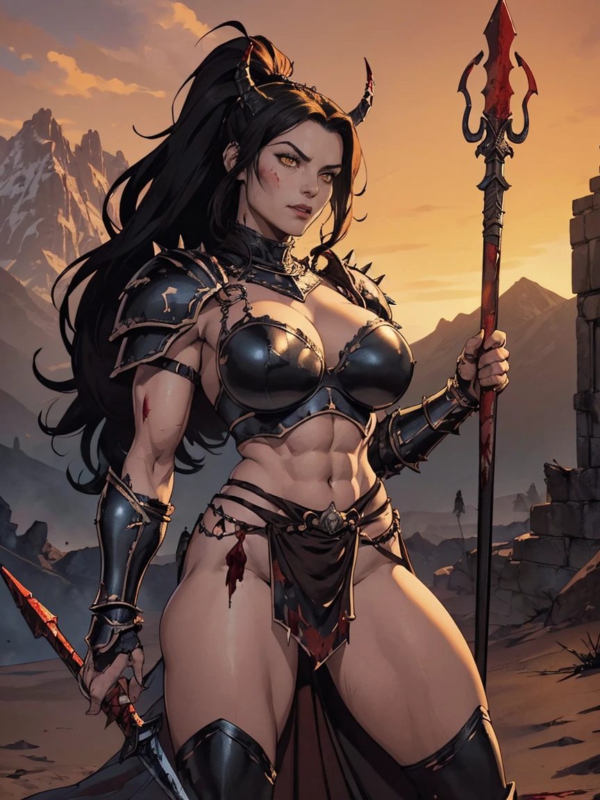 (masterpiece, top quality, best quality, official art, beautiful and aesthetic:1.2), (1girl:1.3), ((Sharp facial features, sharp features, hawkish features)), ((pale skin, orange eyes, big hair, long black hair, ponytail)), big tiddy chaos warrior girl, extremely detailed, portrait, looking at viewer, solo, (full body:0.6), detailed background, full-body shot, (hot desert mountain theme:1.1), chaos warrior, (spiky helmet), charlatan, smirk, mysterious, swaying in mountains, armor, red metal, brass trim, long boots, blood red fabric, pelvic curtain, loincloth, black leather, ((((huge demon horns, spear, heavy armor, blood, blood splatter, armored, gigantic breasts, long legs, pelvic curtain, toned, muscular)))), cute belly button, toned tummy, slim waist, slim hips, long legs, medieval (mountain exterior:1.1) background, dark mysterious lighting, shadows, magical atmosphere, dutch angle