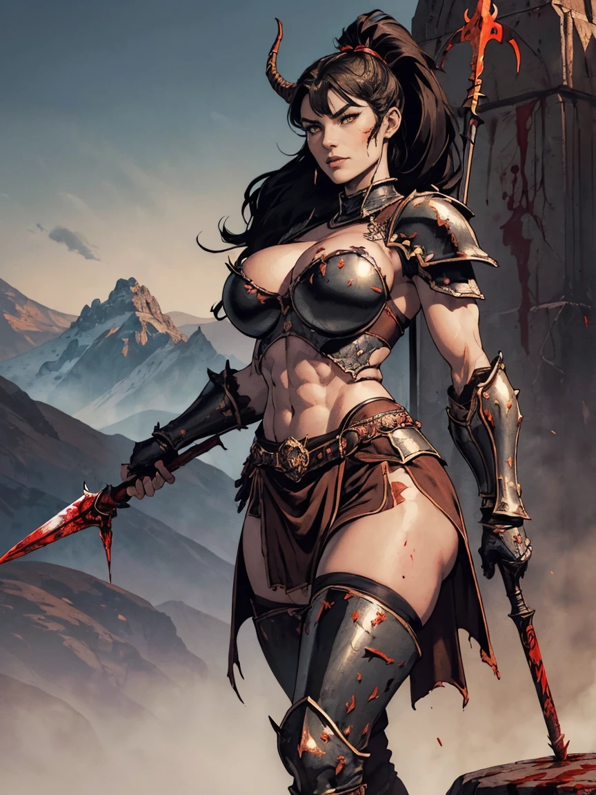 (masterpiece, top quality, best quality, official art, beautiful and aesthetic:1.2), (1girl:1.3), ((Sharp facial features, sharp features, hawkish features)), ((pale skin, orange eyes, big hair, long black hair, ponytail)), big tiddy chaos warrior girl, extremely detailed, portrait, looking at viewer, solo, (full body:0.6), detailed background, full-body shot, (hot desert mountain theme:1.1), chaos warrior, (spiky helmet), charlatan, smirk, mysterious, swaying in mountains, armor, red metal, brass trim, long boots, blood red fabric, pelvic curtain, loincloth, black leather, ((((huge demon horns, spear, heavy armor, blood, blood splatter, armored, gigantic breasts, long legs, pelvic curtain, toned, muscular)))), cute belly button, toned tummy, slim waist, slim hips, long legs, medieval (mountain exterior:1.1) background, dark mysterious lighting, shadows, magical atmosphere, dutch angle
