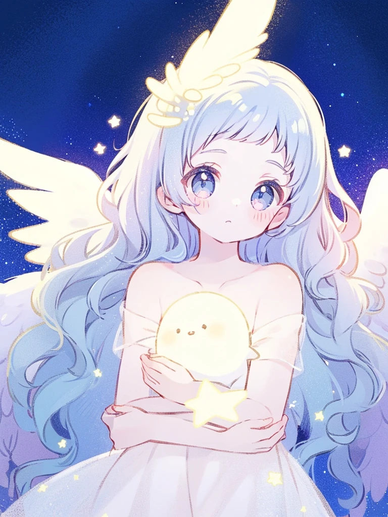 nude angel girl wearing an ethereal translucent dress, pale skin, ((blue mint wavy hair)), white feathers, angel wings, sparkling detailed eyes, golden ratio face, perfect composition, highly detailed, ethereal, (starry night sky background), midjourney style
