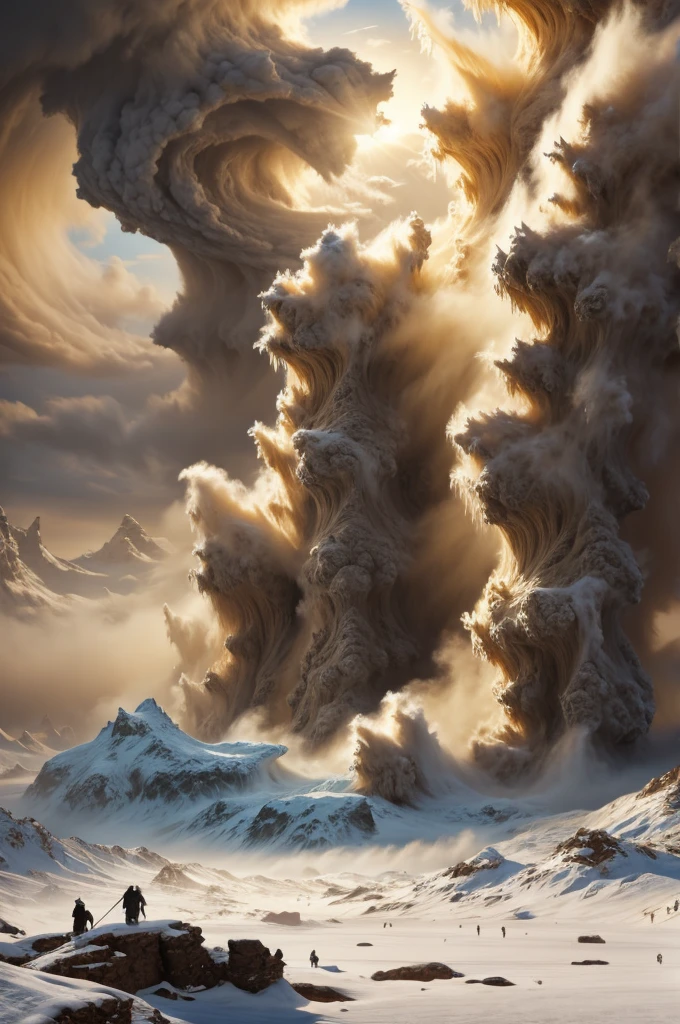 masterpiece, best quality, extremely detailed, hyperrealistic, photorealistic, sandstorm, frozen island, giant snow moutain, frozen waterfall, icicles, explosion, everything is getting sand, ominous atmosphere, aerial view shot
