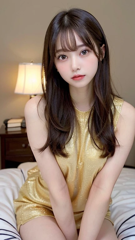 (masterpiece:1.5)、(Realistic:1.5)、(Highest quality:1.4、8k、RAW Photos)、 Ultra-high resolution、Professional Lighting、Perfect dynamic composition、Film Grain、chromatic aberration、(Bokeh:1.1)、 Frank、Sophisticated、charm、超Realistic、Attention to detail、Golden Ratio、 (1 girl)、Slender girl、繊細でcharm女の子、Cute Woman:1.4、 Serious expression、Looking at the audience、Light brown hair、Shiny Hair、Hairstyle: Long Hair、 Realistic looking skin、 shut up.、Beautiful Eyes、double eyelid、Thin arms、Cowgirl, Leg spread, On the bed:1.2