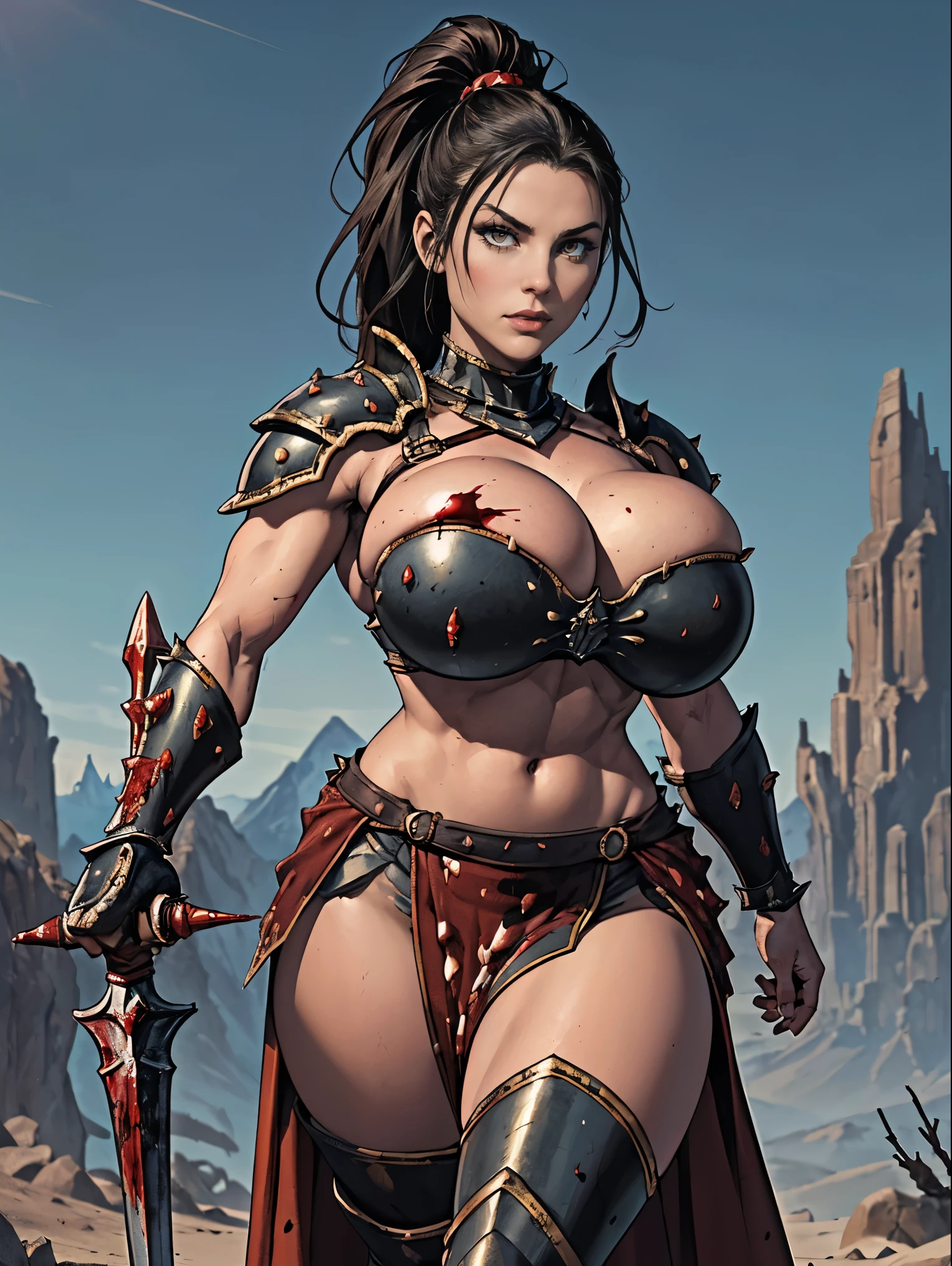 (masterpiece, top quality, best quality, official art, beautiful and aesthetic:1.2), (1girl:1.3), ((Sharp facial features, sharp features, hawkish features)), ((pale skin, orange eyes, big hair, long black hair, ponytail)), big tiddy chaos warrior girl, extremely detailed, portrait, looking at viewer, solo, (full body:0.6), detailed background, full-body shot, (hot desert mountain theme:1.1), chaos warrior, (spiky helmet), charlatan, smirk, mysterious, swaying in mountains, armor, red metal, brass trim, long boots, blood red fabric, pelvic curtain, loincloth, black leather, ((((spear, heavy armor, blood, blood splatter, armored, gigantic , long legs, pelvic curtain, toned, muscular)))), cute belly button,ed tummy, slim waist, slim hips, long legs, medieval (mountain exterior:1.1) background, dark mysterious lighting, shadows, magical atmosphere, dutch angle