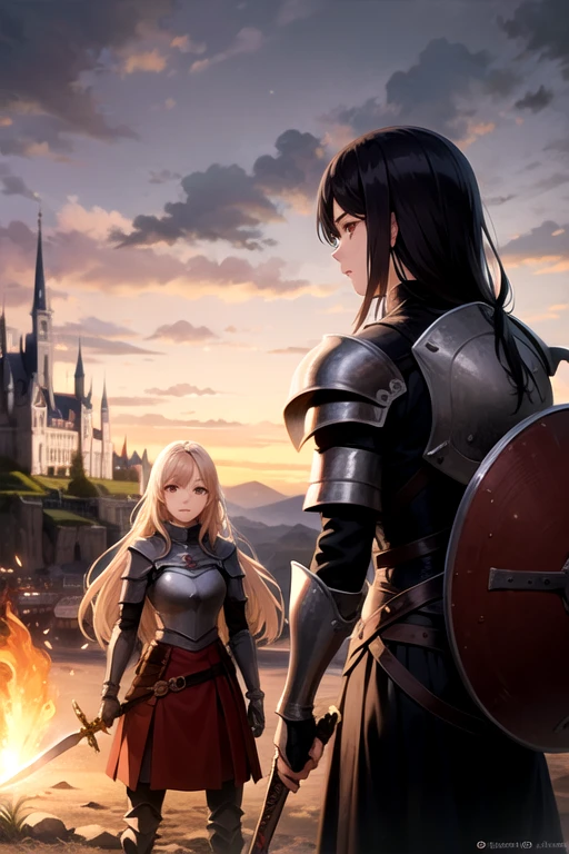 anime girl in dark pink armor with a sword and shield being 20 years old in a medieval landscape with the shield raised and a castle in the distance and a dragon breathing fire and a knight at the castle entrance