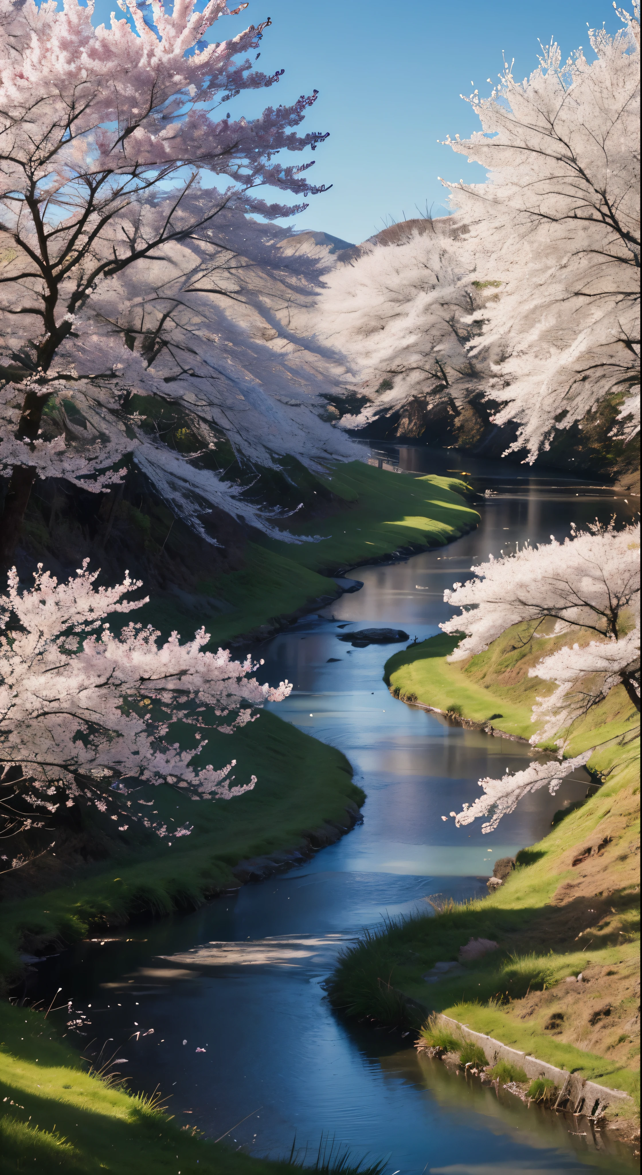 Draw a river with a small village, anime beautiful peace scene, very beautiful landscape, landscape artwork, landscape art detail, very beautiful digital art, beauty of natural landscape, beautiful art UHD 4 K, very beautiful photos, beautiful nature, landscape wallpaper, really beautiful nature, beautiful digital artwork, beautiful background, cherry blossom trees, anime style