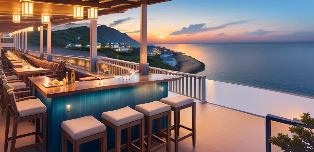 arafed outdoor seating area with a bar and Sea view, Overlooking the sea, comfortable environment, Overlooking the beach, Peaceful evening atmosphere, Sea view悬崖, Sea view, Paradise in the background, In the seaside environment, Sea view, Beautiful Ambience, Beautiful terrace, Close to the sea, Peaceful atmosphere, Relaxed atmosphere
