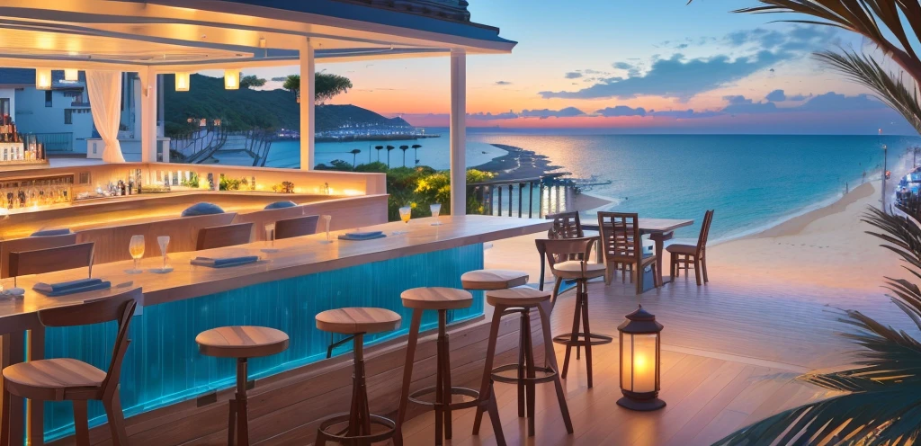 arafed outdoor seating area with a bar and Sea view, Overlooking the sea, comfortable environment, Overlooking the beach, Peaceful evening atmosphere, Sea view悬崖, Sea view, Paradise in the background, In the seaside environment, Sea view, Beautiful Ambience, Beautiful terrace, Close to the sea, Peaceful atmosphere, Relaxed atmosphere