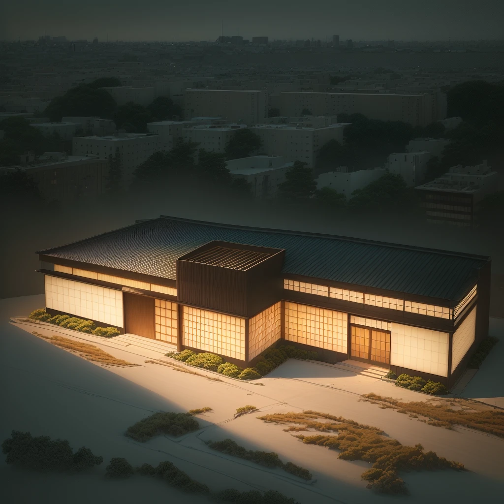 drawing of a building with a large window and a roof, concept drawing, perspective view, Restaurant((Japan style)),((best quality)), real world location,((street )),realistic,(indoor lighting),human, ((intown)),curtain wall, road,glass window, day time,door, center composition,parking,car, sidewalk,3 points perspective,glass panel,billboard.