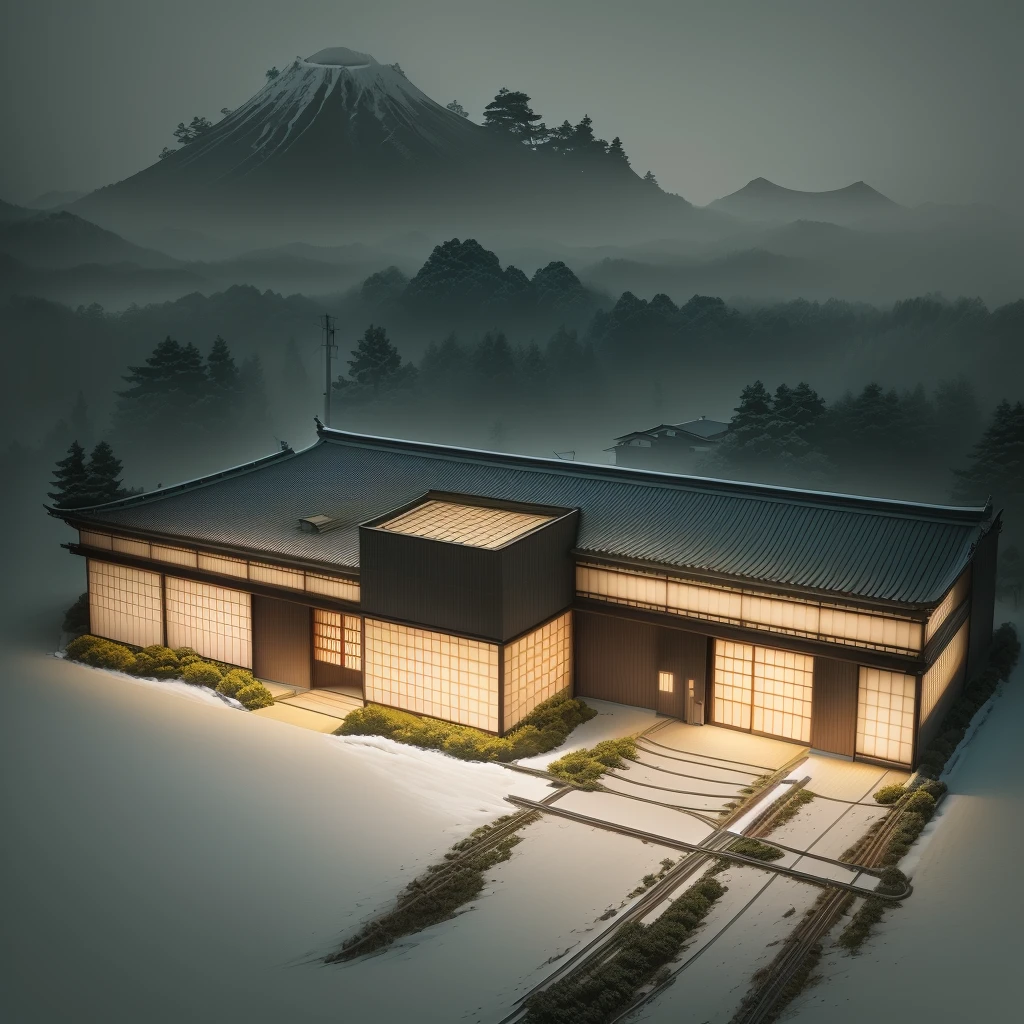 drawing of a building with a large window and a roof, concept drawing, perspective view, Restaurant((Japan style)),((best quality)), real world location,((street )),realistic,(indoor lighting),human, ((intown)),curtain wall, road,glass window, day time,door, center composition,parking,car, sidewalk,3 points perspective,glass panel,billboard.