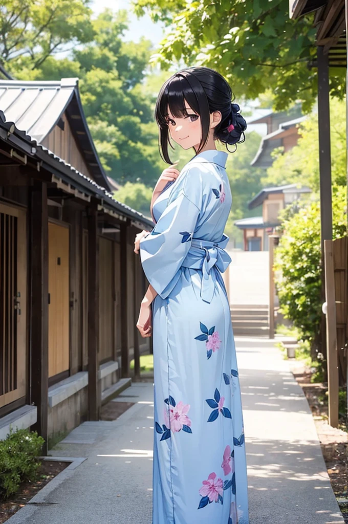 2girls are the same height, walking together at the summer festival, back view "A with medium-long black hair, a well-developed figure, wearing a deep purple yukata and smiling." and "A 13-year-old girl tied quite low on her head, very narrow, droopy eyes, a neat, timid, slender figure, wearing a light blue yukata, with her right hand lightly clasped and her right hand covering her mouth, smiling shyly."