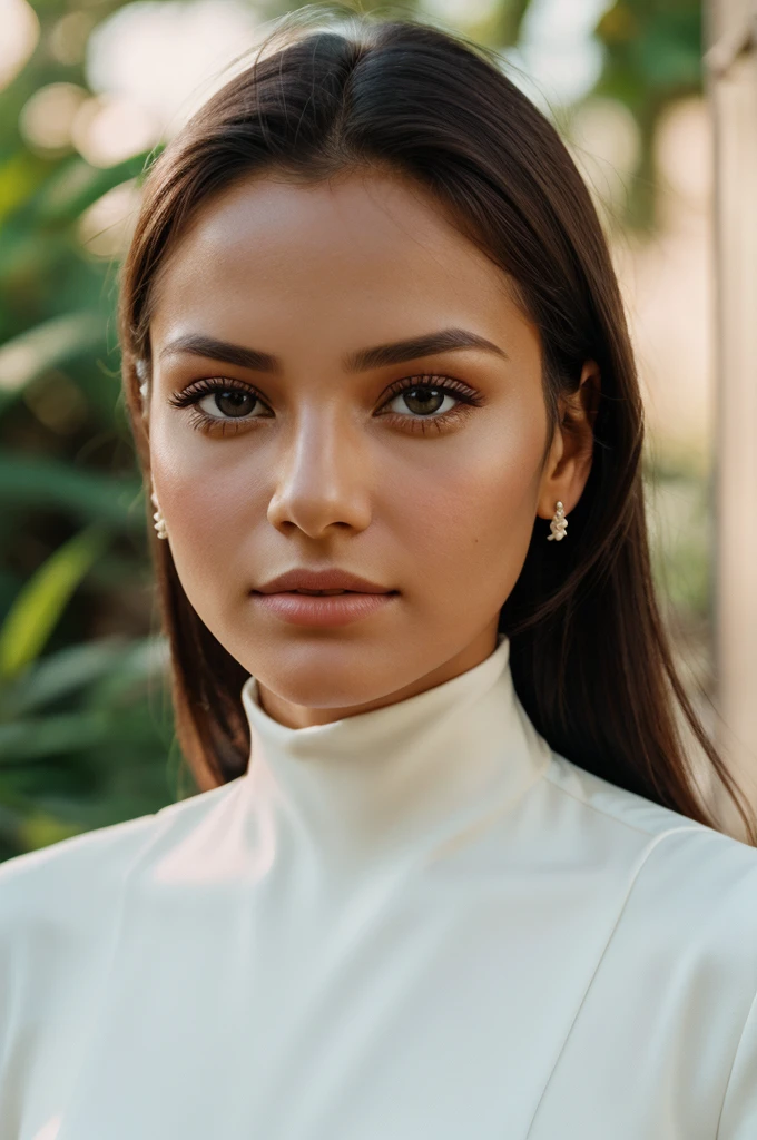 ultrarealistic glamor close-up photo of swti woman, looking at camera, detailed face with no makeup, high neck elegant white dress, early morning, film grain, analog kodachrome, bokeh, flat colors, butterfly lighting