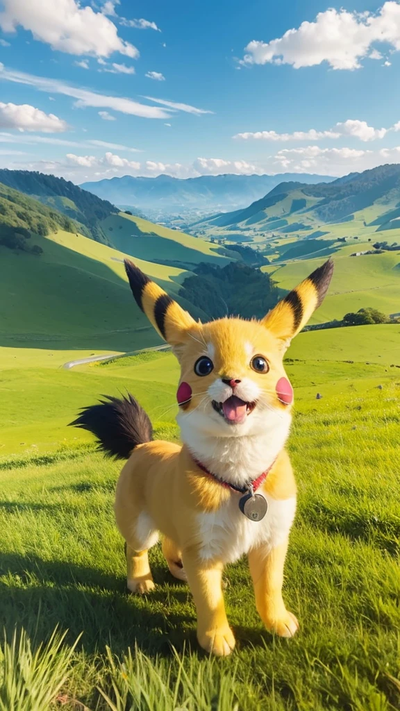 anime, pop,Pikachu,Walking on four legs,The expression is full of confidence,The jagged tail points upwards,The background is a single road in the grassland,Spectacular views,Overlooking, from the front,Ghibli-style colors,