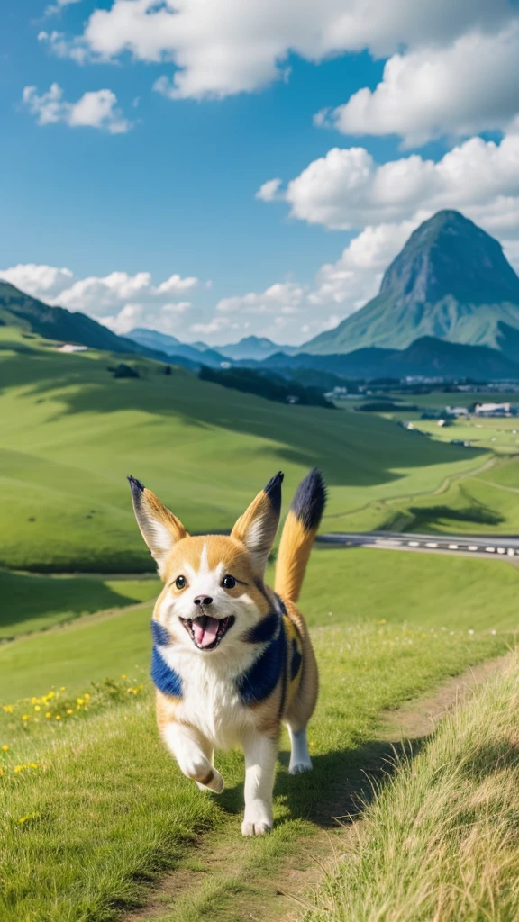 anime, pop,Pikachu,Walking on four legs,The expression is full of confidence,The jagged tail points upwards,The background is a single road in the grassland,Spectacular views,Overlooking, from the front,Ghibli-style colors,