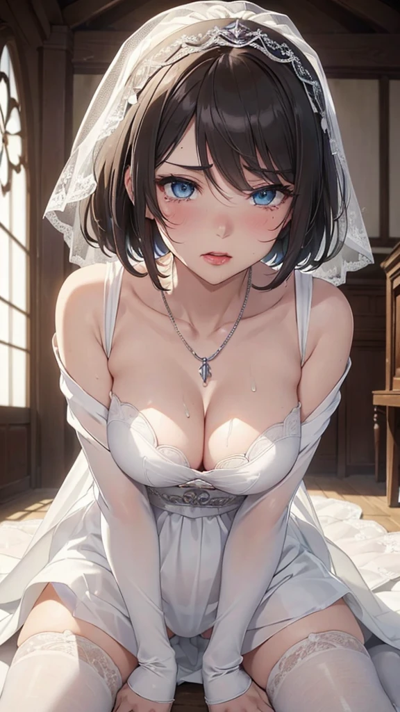 (masterpiece: 1.3), (Maximum resolution: 1.2), (Ultra High Definition TV: 1.2), Cinematic Light, 8k resolution, Detailed facial features , (Sharp focus: 1.2), (Focus on the face:1.2),Perfect Style, Beautiful Face, Acura, Anatomically correct, Highly detailed face and skin texture, Beautiful Eyes,Beautiful Eyes, Thin eyebrows, Natural Cheeks, Glowing Skin, Fair skin: 1.2, (Glossy Lips: 1.4),、 (Embarrassed look: 1.2),Highly detailed face and skin texture, Natural Cheeks, , Glossy Lips: 1.4,Perfect Style、、Soft Breasts、on chest:Cum on thighs 1.2)、 rflowing sperm、Dripping Semen、Drd in sweat、Wet es、blush、A humiliating look、Anxious expression、Frightened expression、Embarrassed look、Glare、anger、sorrow、tears、Open your knees、Spread your legs、 White underwear、necklace、Disheveled clothes、White panties、sweating、Thin underwear、ss、22 years old、 clear, A clean-cut woman,1 person、 Upward-facing chest, church、Stained glass、、Black brown hair、blonde、Silver Hair、Greenish-gray eyes,blue eyes、(Wedding dress:1.1)、Veil、short hair、Torn clothing、Glare、grim stare、Blowjob Gestures、