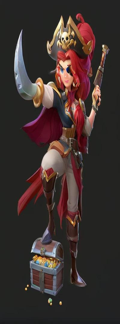 Close-up of a cartoon pirate girl holding a sword and chest, Miss Doom, League of Legends, pirate queen, Corsair, hero character art, female pirate captain, Detailed character art, 官方Character art, Winner of the Character Design Contest, Character ink art, Character art, Epic Mage Girl Character, 3D Rendered Official Art, woman