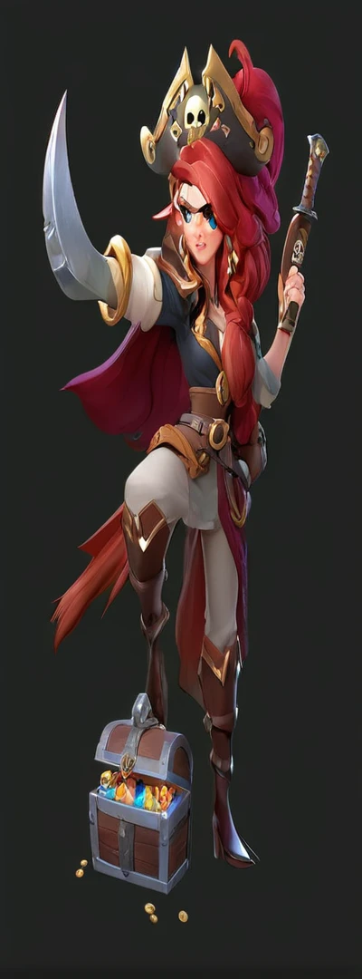 Close-up of a cartoon pirate girl holding a sword and chest, Miss Doom, League of Legends, pirate queen, Corsair, hero character art, female pirate captain, Detailed character art, 官方Character art, Winner of the Character Design Contest, Character ink art, Character art, Epic Mage Girl Character, 3D Rendered Official Art, woman