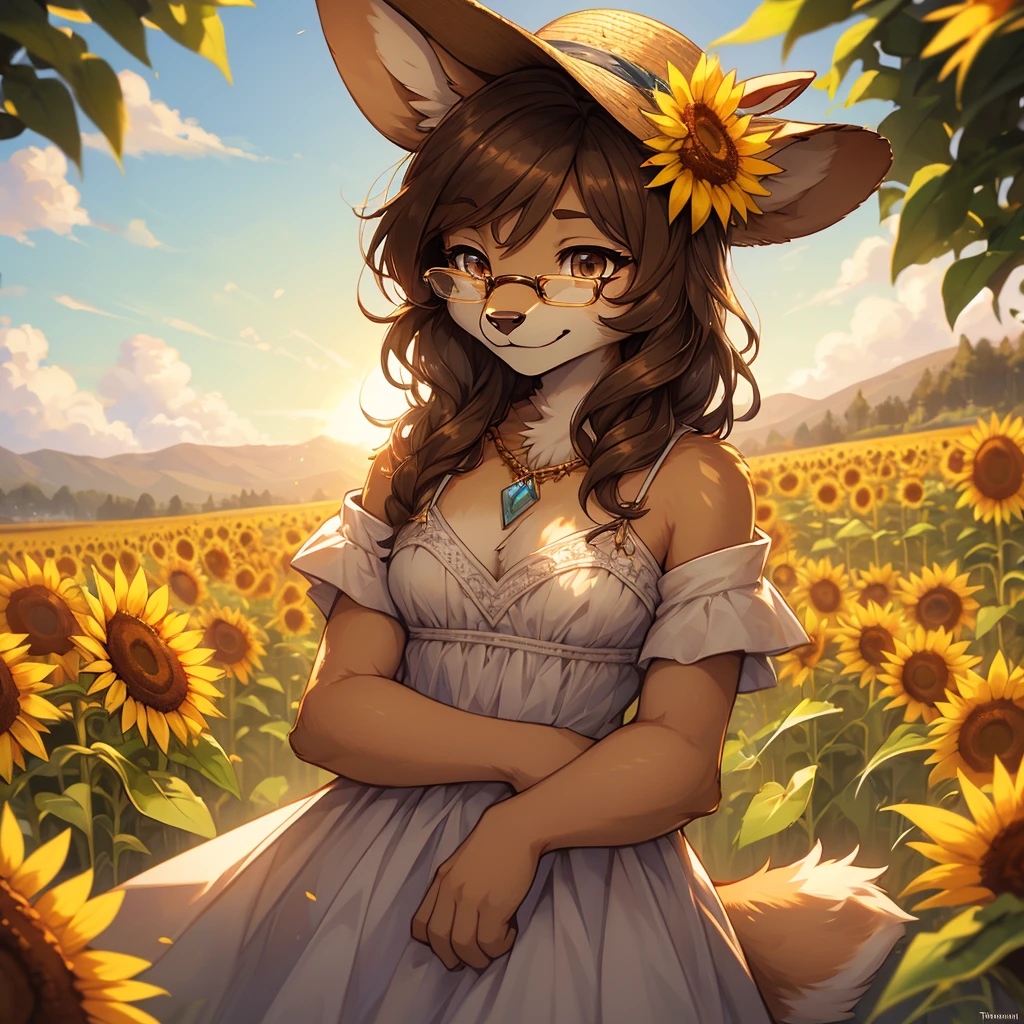 uploaded on e621, by Pixelsketcher, by Bayard Wu, by Thomas Benjamin Kennington , by Einshelm, by hioshiru and kenket, Chunie, portrait, solo anthro female deer doe, with small featureless breasts, clear dark blue, cinematic lighting, day, sunny day, sunflower field, stands in a high sunflower field, sunflower field background, sunflowers, mediterranean background, horizon background, shiny, short curly dark brown hair, wears big black nerd glasses, very very beautiful furry art, furry art, smiling, joyful, shiny, happy, feminine, cute face, muzzle, fluffy chest, flawless face, Fallow deer, 1girl, Sakimichan is beautiful, Masterpiece, Wavethesallow Face, shiny, Detailed image, portrait, Detailed image, portrait, full body, wearing pure white and wide spaghetti straps dress, wearing big and wide beige summer straw hat, shiny, realistic face, perfect anatomy, hourglass body, (furry body:1.1), anthropomorphic deer, looks at the viewer, small fluffy tail, detailed background, (cute anatomy:1.1)
