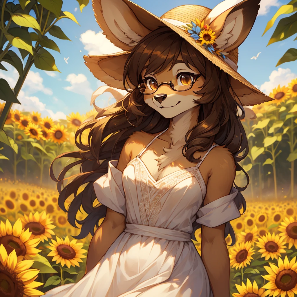 uploaded on e621, by Pixelsketcher, by Bayard Wu, by Thomas Benjamin Kennington , by Einshelm, by hioshiru and kenket, Chunie, portrait, solo anthro female deer doe, with small featureless breasts, clear dark blue, cinematic lighting, day, sunny day, sunflower field, stands in a high sunflower field, sunflower field background, sunflowers, mediterranean background, horizon background, shiny, short curly dark brown hair, wears big black nerd glasses, very very beautiful furry art, furry art, smiling, joyful, shiny, happy, feminine, cute face, muzzle, fluffy chest, flawless face, Fallow deer, 1girl, Sakimichan is beautiful, Masterpiece, Wavethesallow Face, shiny, Detailed image, portrait, Detailed image, portrait, full body, wearing pure white and wide spaghetti straps dress, wearing big and wide beige summer straw hat, shiny, realistic face, perfect anatomy, hourglass body, (furry body:1.1), anthropomorphic deer, looks at the viewer, small fluffy tail, detailed background, (cute anatomy:1.1)
