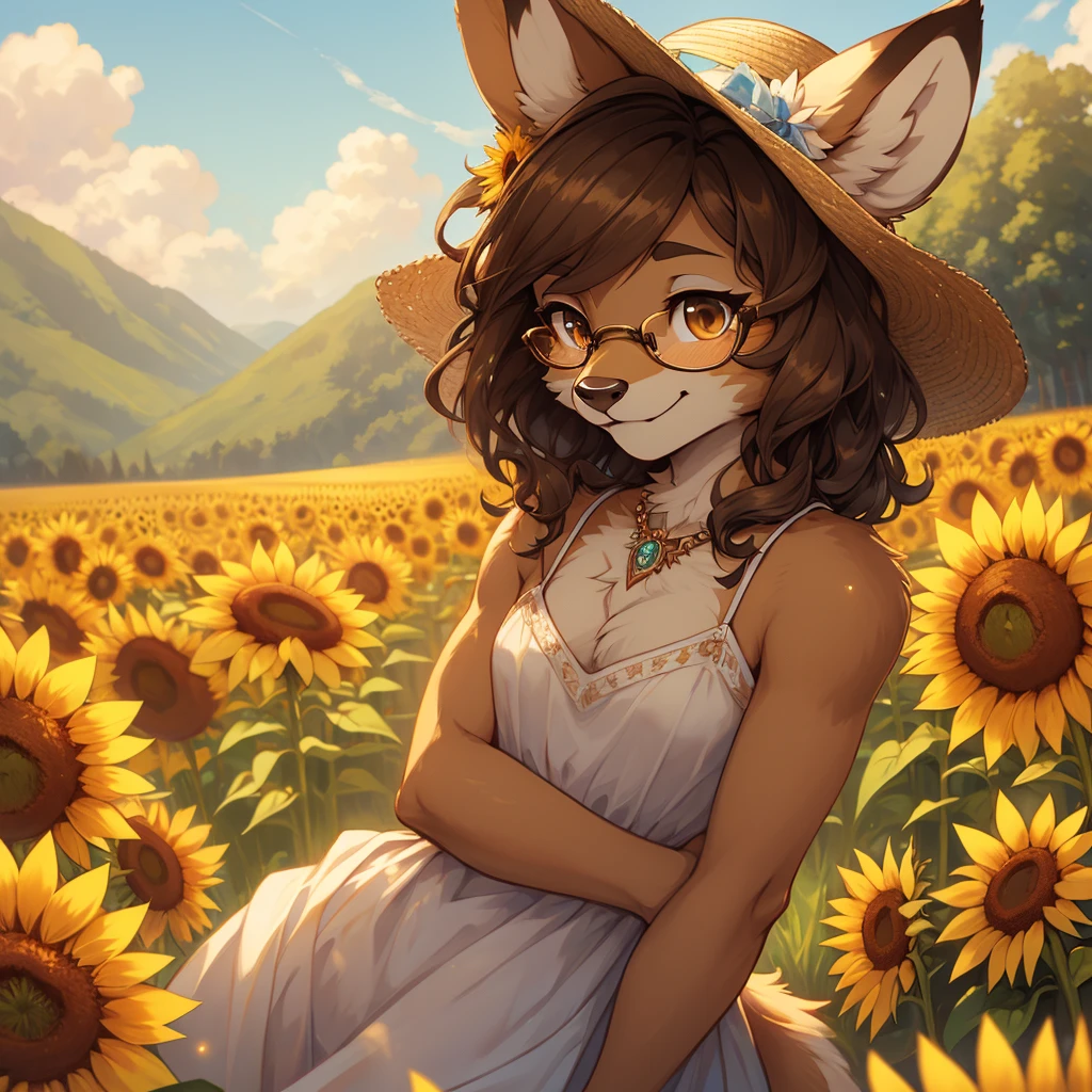 uploaded on e621, by Pixelsketcher, by Bayard Wu, by Thomas Benjamin Kennington , by Einshelm, by hioshiru and kenket, Chunie, portrait, solo anthro female deer doe, with small featureless breasts, clear dark blue, cinematic lighting, day, sunny day, sunflower field, stands in a high sunflower field, sunflower field background, sunflowers, mediterranean background, horizon background, shiny, short curly dark brown hair, wears big black nerd glasses, very very beautiful furry art, furry art, smiling, joyful, shiny, happy, feminine, cute face, muzzle, fluffy chest, flawless face, Fallow deer, 1girl, Sakimichan is beautiful, Masterpiece, Wavethesallow Face, shiny, Detailed image, portrait, Detailed image, portrait, full body, wearing pure white and wide spaghetti straps dress, wearing big and wide beige summer straw hat, shiny, realistic face, perfect anatomy, hourglass body, (furry body:1.1), anthropomorphic deer, looks at the viewer, small fluffy tail, detailed background, (cute anatomy:1.1)