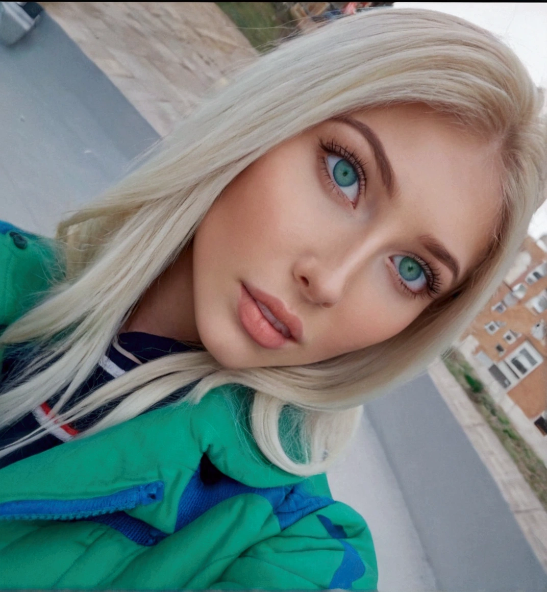 Blonde woman with blue eyes and green jacket taking a selfie, blonde hair and blue eyes, blonde hair blue eyes, blonde hair and big eyes, long blonde hair and big eyes, blue eyes and blonde hair, long blonde hair and blue eyes, blonde hair green eyes, blonde hair blue eyes, Perfect white hair girl, Irina Nordsol Kuzmina