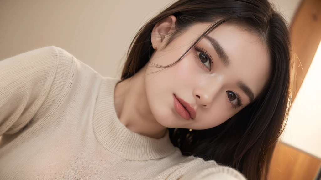 (best quality, 8K, 32k, masterpiece, Ultra HD:1.3), 1 girl, Licking lips, A face full of enjoyment，(Super small breasts:1.2), ,Long sleeve sweater, ((Areola))