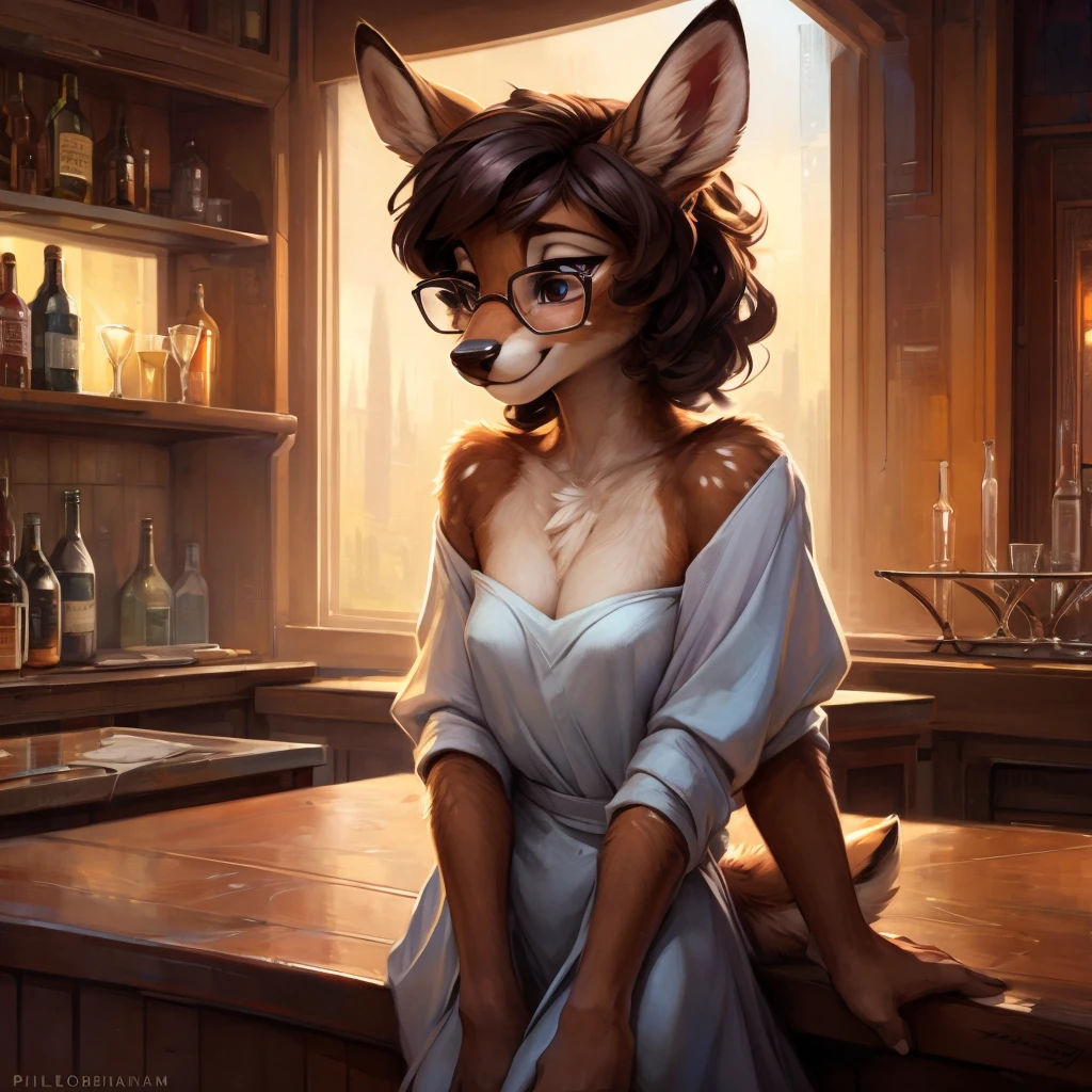 uploaded on e621, by Pixelsketcher, by Bayard Wu, by Thomas Benjamin Kennington , by Einshelm, by hioshiru and kenket, Chunie, portrait, solo anthro female deer doe, tiny featureless breasts, tiny breasts, clear dark blue, cinematic lighting, sitting on a bar counter, sitting inside at a party bar, night club background, shiny, short curly dark brown hair, shoulder length hair, wears big black nerd glasses, very very beautiful furry art, furry art, thoughtful, shiny, feminine, cute face, muzzle, fluffy chest, flawless face, Fallow deer, 1girl, Sakimichan is beautiful, Masterpiece, Wavethesallow Face, shiny, Detailed image, Detailed background, portrait, Detailed image, portrait, wears pure white wide, big blouse, shiny, realistic face, perfect anatomy, hourglass body, anthropomorphic deer, happy, very happy, small ears, huge black nerd glasses, wide happy eyes, smiles, big smile, holdind a cocktail glass, hourglass body, (furry body:1.1), anthropomorphic deer, small fluffy tail, detailed background, (cute anatomy:1.1), looks into the distance, sexy, sexy look
