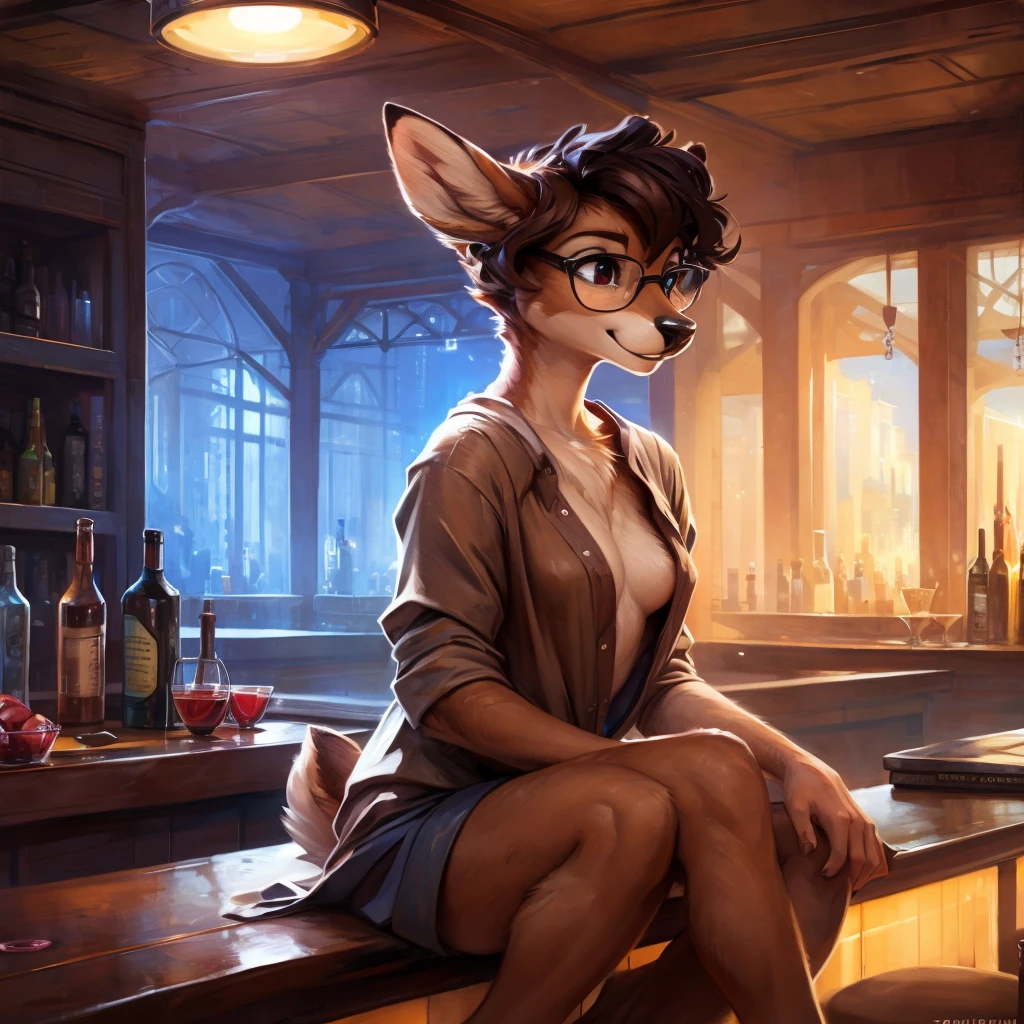 uploaded on e621, by Pixelsketcher, by Bayard Wu, by Thomas Benjamin Kennington , by Einshelm, by hioshiru and kenket, Chunie, portrait, solo anthro female deer doe, tiny featureless breasts, tiny breasts, clear dark blue, cinematic lighting, sitting on a bar counter, sitting inside at a party bar, night club background, shiny, short curly dark brown hair, shoulder length hair, wears big black nerd glasses, very very beautiful furry art, furry art, thoughtful, shiny, feminine, cute face, muzzle, fluffy chest, flawless face, Fallow deer, 1girl, Sakimichan is beautiful, Masterpiece, Wavethesallow Face, shiny, Detailed image, Detailed background, portrait, Detailed image, portrait, wears pure white wide, big blouse, shiny, realistic face, perfect anatomy, hourglass body, anthropomorphic deer, happy, very happy, small ears, huge black nerd glasses, wide happy eyes, smiles, big smile, holdind a cocktail glass, hourglass body, (furry body:1.1), anthropomorphic deer, small fluffy tail, detailed background, (cute anatomy:1.1), looks into the distance, sexy, sexy look