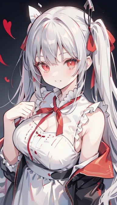 One girl, Red eyes, Twin tails, Grin, chest, Gray Hair, Red ribbon, 