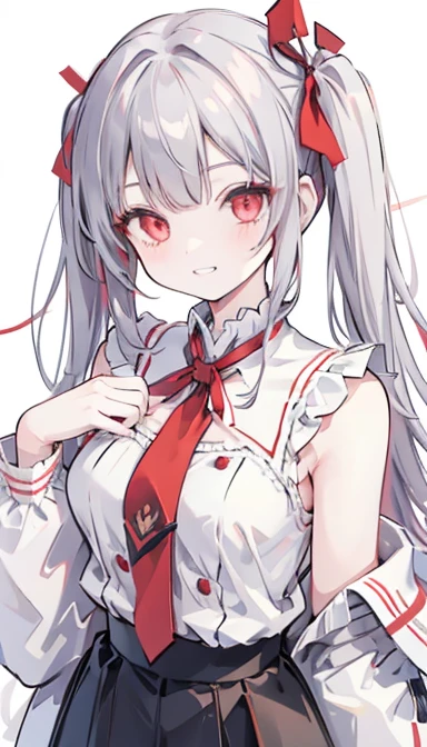 One girl, Red eyes, Twin tails, Grin, chest, Gray Hair, Red ribbon,