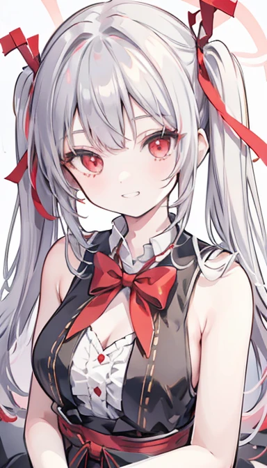 One girl, Red eyes, Twin tails, Grin, chest, Gray Hair, Red ribbon,