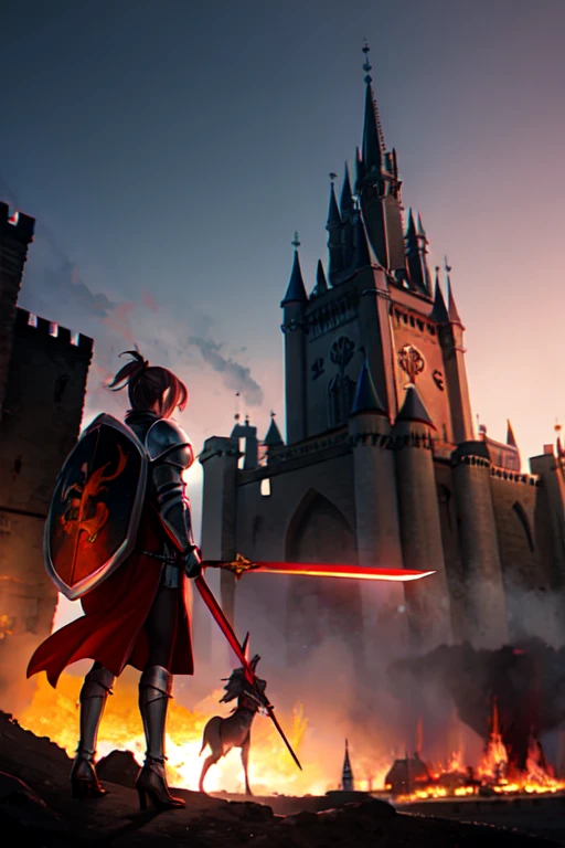 anime girl in dark pink armor with a sword and shield being 20 years old in a medieval landscape with the shield raised and a castle in the distance and a dragon breathing fire and a knight at the castle entrance