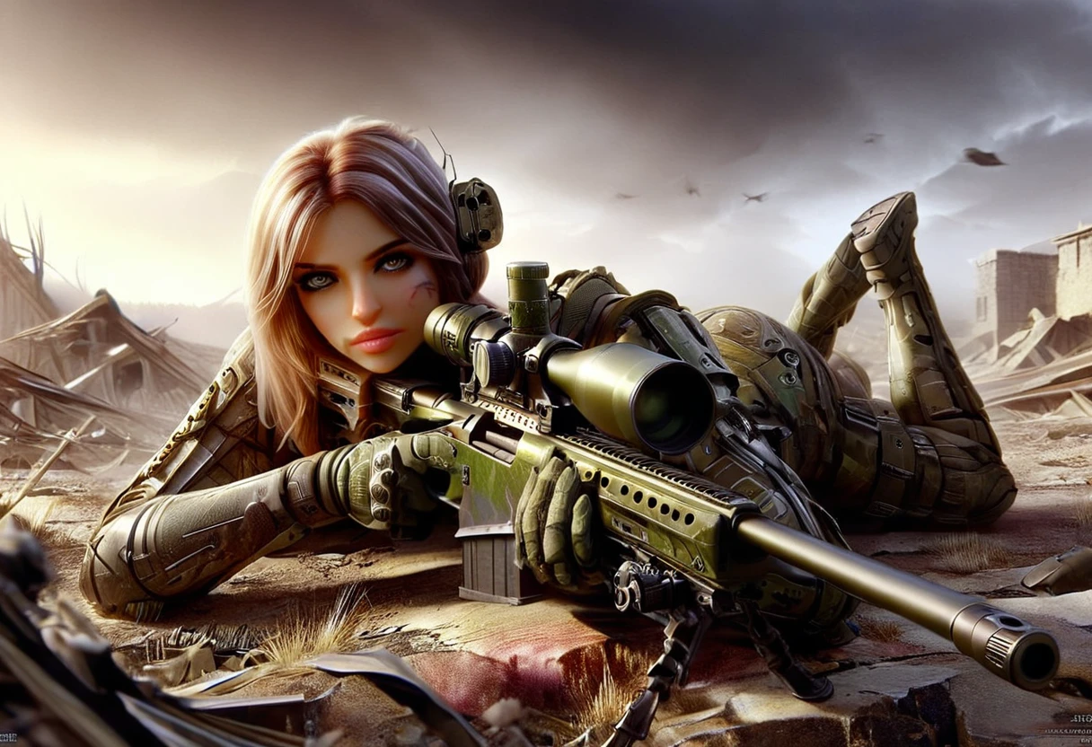 Young and very beautiful female sniper, aiming the muzzle of her sniper rifle at the viewer, detailed ideal proportions, shapely large breasts, detailed face, beautiful eyes, long eyelashes, serious expression, tactical helmet, camouflage latex suit, tactical equipment, sniper rifle, war-torn landscape, cloudy, foggy, ruins, wreckage, cinematic lighting, grainy, gloomy, dark, muted colors, realistic, 8k, high resolution, detailed description, masterpiece