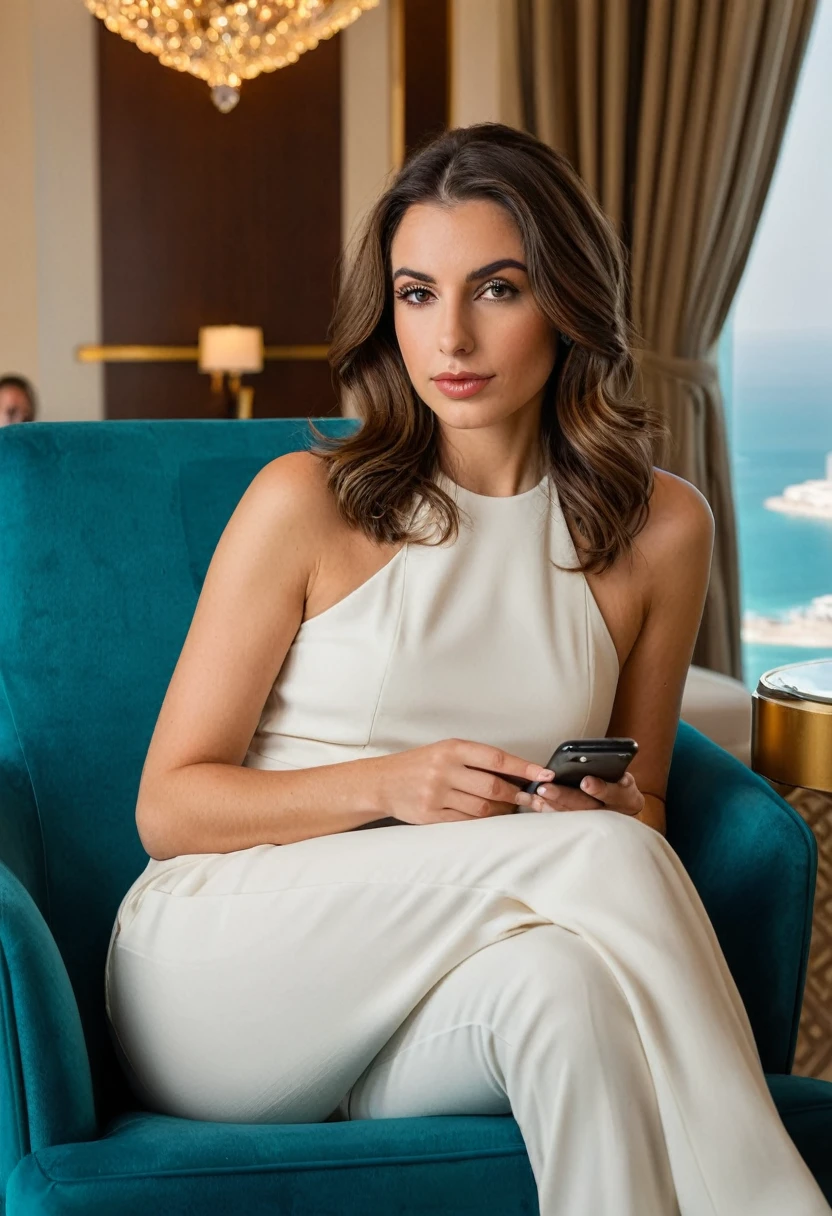 Beautiful brunette model and influencer, shoulder length wavy brown hair, ((natural eyebrows with some flyaways)), (((relaxed pose, sitting in a designer armchair, discreetly holding a smartphone))). from front view (((no lounge do hotel Burj Al Arab, overlooking the Persian Gulf))). highy detailed, 20 year, ((eyes browns)). (((Nose with straight back, slightly rounded tip, harmonious proportion with the face, symmetrical and refined nostrils))). ((Medium, well-defined lips, soft cupid's bow, natural redness around the edges, smooth texture with visible hydration)). high resolution, work of art. Pele realista Fitzpatrick IV, texture of "Orange peel" subtle on the cheeks, discrete nevus of Ota. ((Wearing a stylish blazer and pants set)). excellent quality, extremely detaild, sharp focus, 4K, ((shooting Canon R5, 50mm f/1.2L)), Kodak Vision3 color vision. natural body, photoshot_(ultra), photoshotrrealismo, 8k hd, photoshotgrafia (film grain) medium shot for filming (((Soft lighting with accents of natural light reflected off the sea))) Em primeiro plano