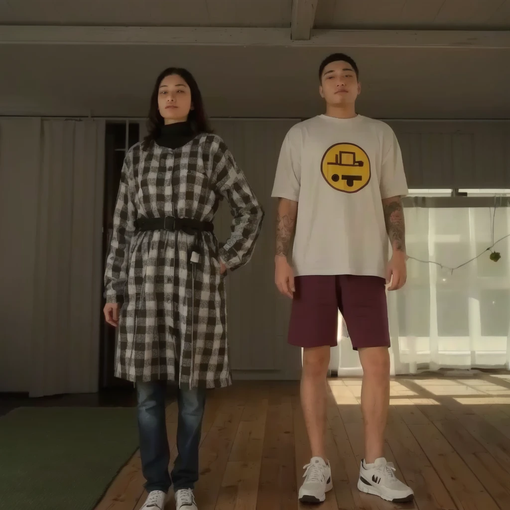 arafed man and woman standing on a wooden floor in a room, street clothes, realistic
