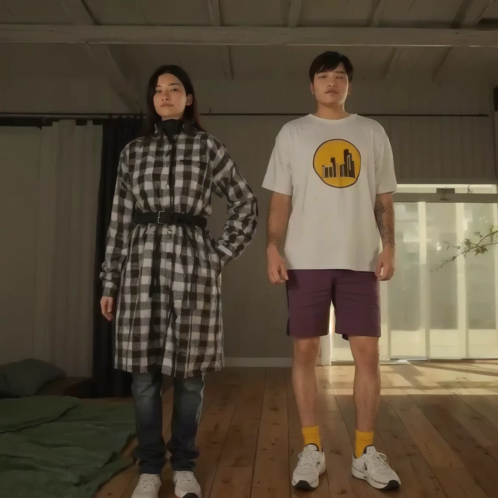 arafed man and woman standing on a wooden floor in a room, street clothes, realistic