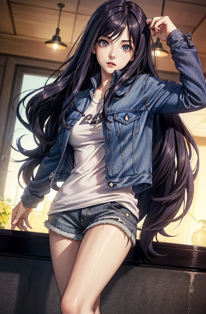 8k, (stand:1.3), slim and fit girl, perfect medium breast, slim waist, long dark purple straight hair, a lock of hair hides the right eye, casual outfit, jacket, tight sexy denim outfit, carefully drawn hands