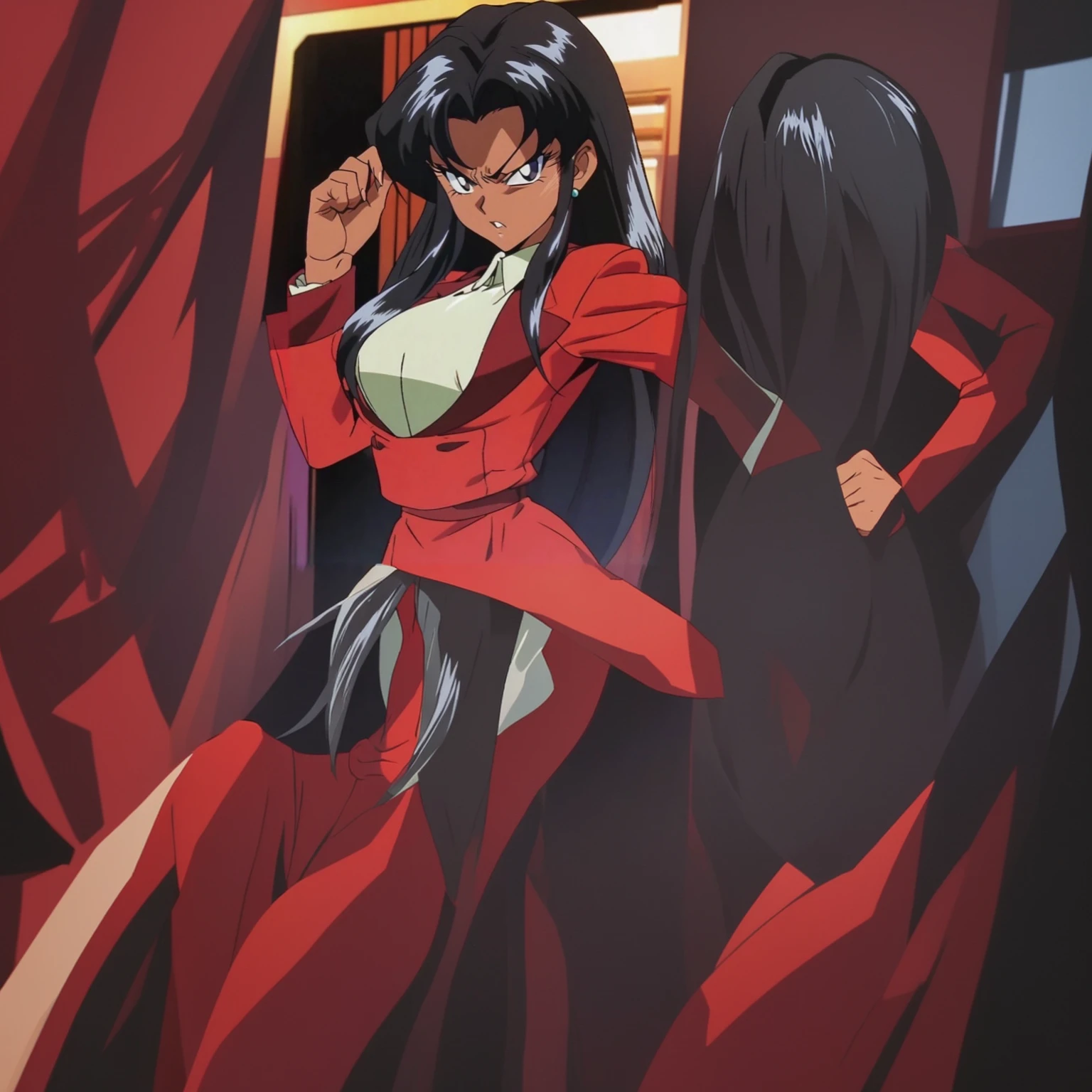 90s anime Evil black skinned business woman in a red suit and long red skirt and red heels and long red sleeves