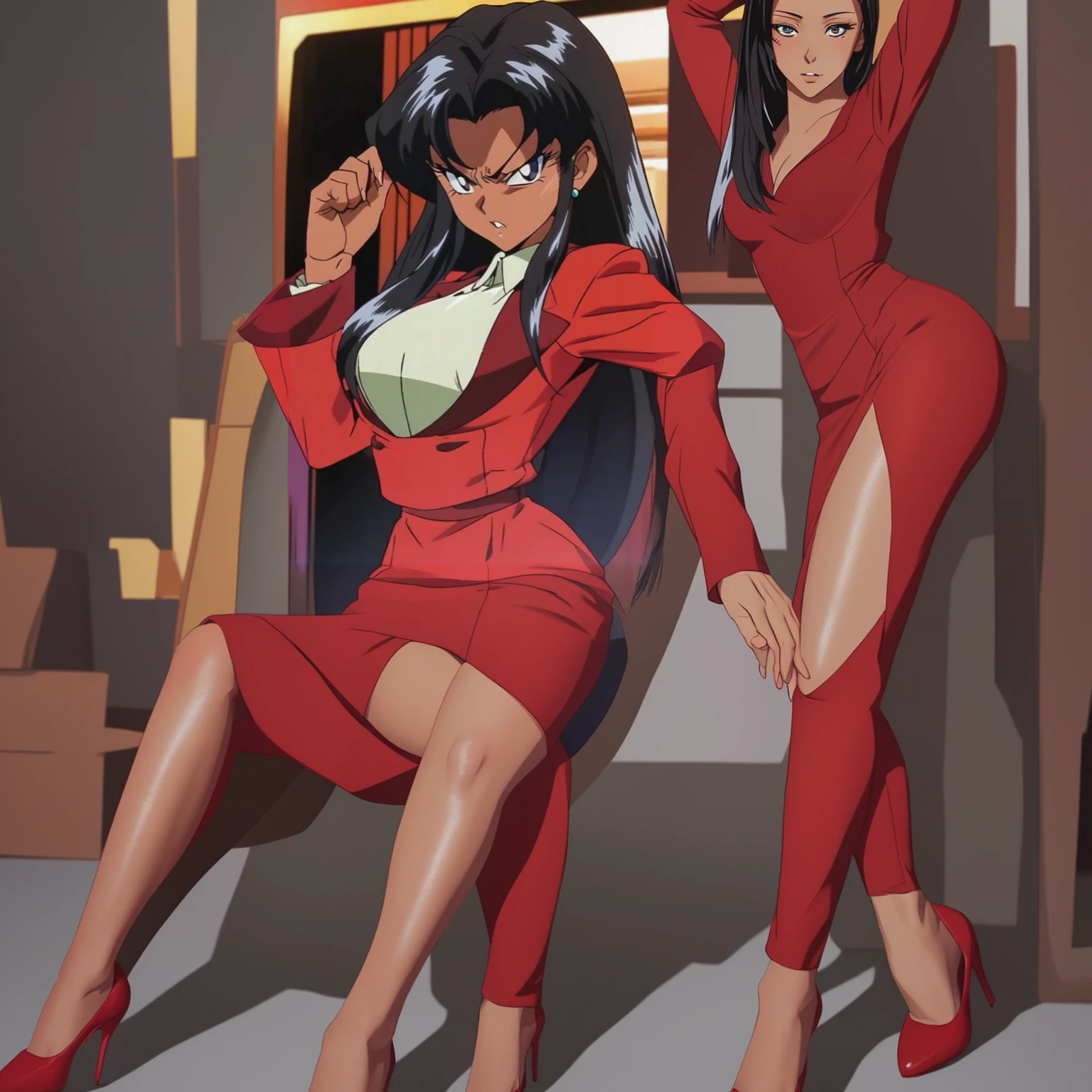 90s anime Evil black skinned business woman in a red suit and long red skirt and red heels and long red sleeves 