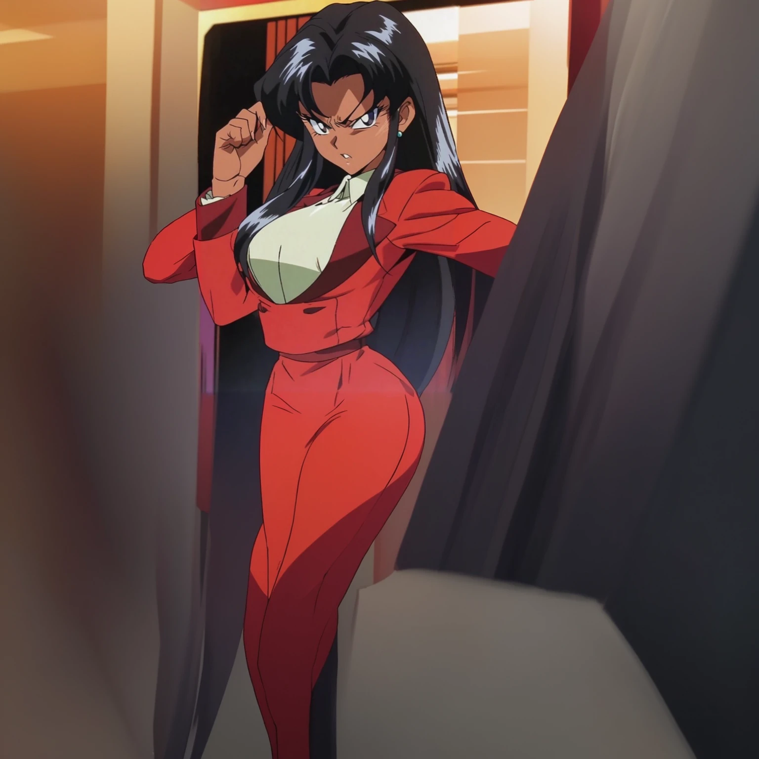 90s anime Evil black skinned business woman in a red suit and long red skirt and red heels and long red sleeves 