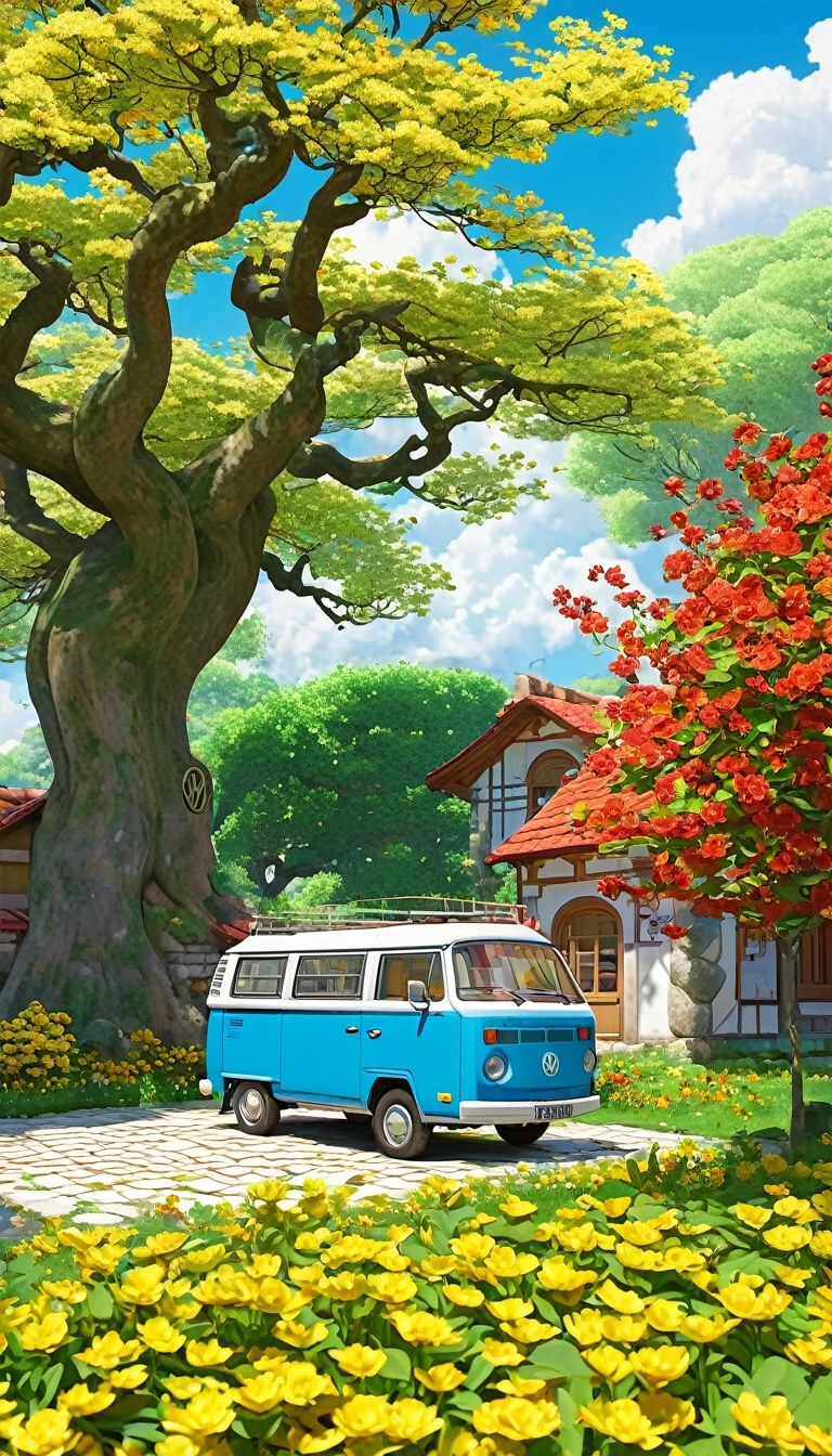 Creating an image of tranquility, Sunny countryside scenery, Vibrant anime style. The scene is a Volkswagen van parked in a stone-paved courtyard.,There is a small grass growing between the stones, Surrounded by trees and bulldozers, Shadows of leaves and clouds, Yellow flowers on the tree,Red flowers on the bush. Quaint house with red tile roof in the background, Partially obscured by trees. The sky is blue, Decorated with fluffy, White Cloud. The overall atmosphere is calm and nostalgic, Evokes warm summer days.
