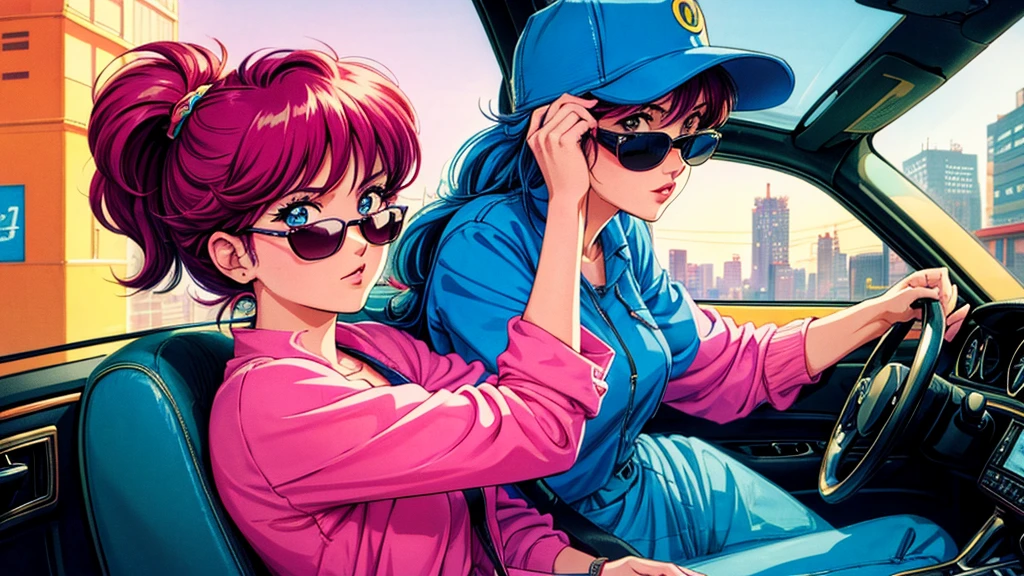 Create an anime-style image of a woman driving a car in an 80s city pop fashion. The woman is seated in the driver's seat, looking forward while holding the steering wheel. She is dressed in 80s fashion, wearing large sunglasses and retro clothing. Use vivid colors and warm lighting to recreate the 80s city pop atmosphere.

