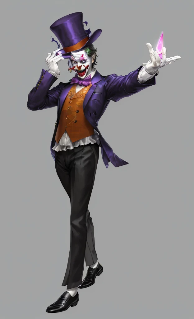 Official Art, masterpiece, Clear focus, Extremely detailed, (Side Light:1.2), clown，Suit，crazy，male，whole body，mystery，magician帽，Suit外套，Vest，leather shoes，wear gloves，magician，weird，Strong build，