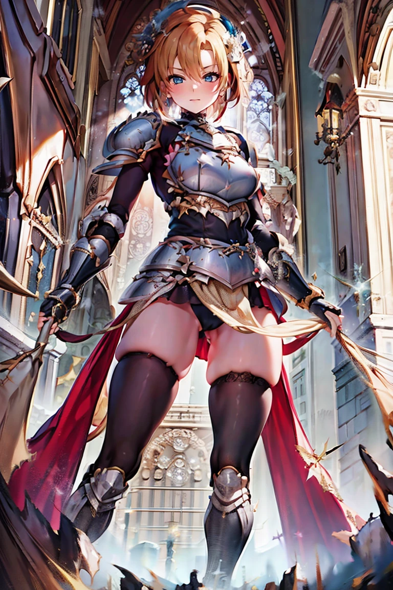 jewelry, bodysuit, fingerless gloves, knight, highleg, (((skin tight))), vambraces, arm guards,faulds,greaves, 1girl,solo,　gauntlets, armored boots, breastplate, pauldrons, shoulder armor, big armors, thighhighs, dare thighs, short hair, pink hair, blue eyes, adult, adult face, fearless face, curvy, perfect proportion, perfect anatomy, perfect body, armored dress knight, plate armor knight, silver knight armor, perfect eyes, ahoge, center loincloth, skirt, black legwear, black clothes, black wear, covered arms, masterpiece, masterwork, best quality, super fine illustration, beautiful, ultra detailed beautiful face, cg unity 8k wallpaper, ultra detailed, ultra high res, round face, smile, clear eyes, symmetrical eyes, even eyes, ultra detailed beautiful eyes, light eyes, leotard, absurdres, exquisite, by famous artist, voluptuous,