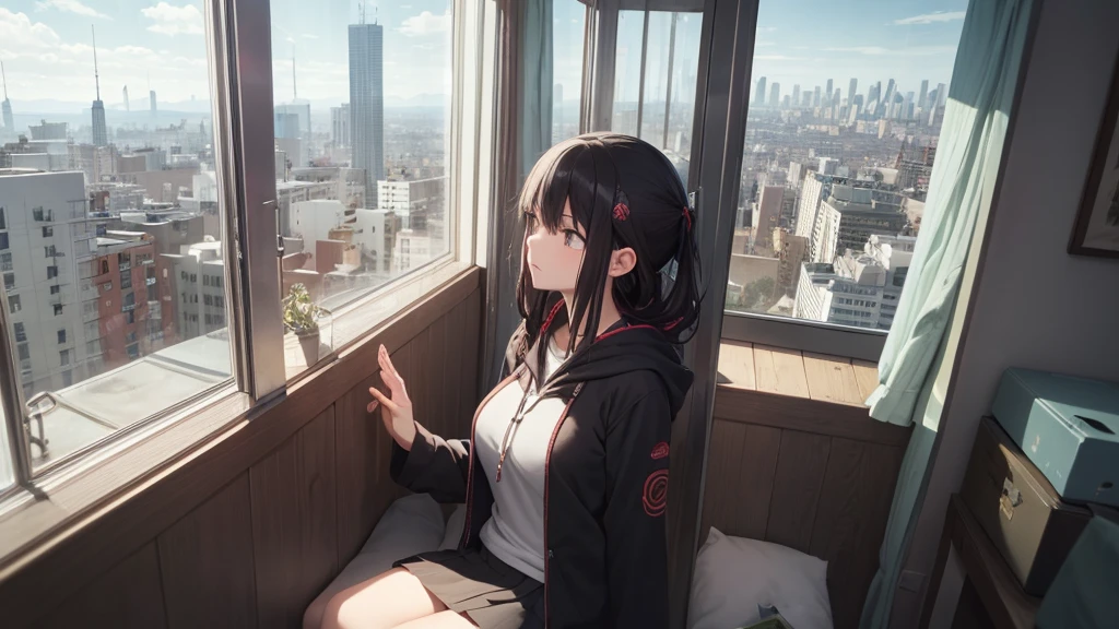 Ultra-high resolution, 8k, (Official Art, beautifully、mysterious:1.2), Anime Art Wallpaper, Works by Makoto Xin Haicheng, Lofi Art Style, Lo-fi feel, Perfect human body engineering, 1 female, mysteriousな瞳, Hoodie, uniform and short skirt, Shiny long black hair, Larger than average bust, Listening to music through headphones, Looking out the window, City Room, A room for music lovers, city view from the window, Impressive cityscape, Bright Sky, meteor, Wide angle, Before dusk